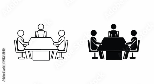 A black and white illustration of four people sitting around a rectangular table in two contrasting styles on a plain white background.