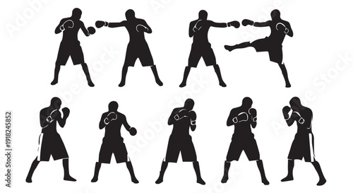 Collection of black silhouette illustrations of male boxers in various fighting stances and poses on Transparent Background