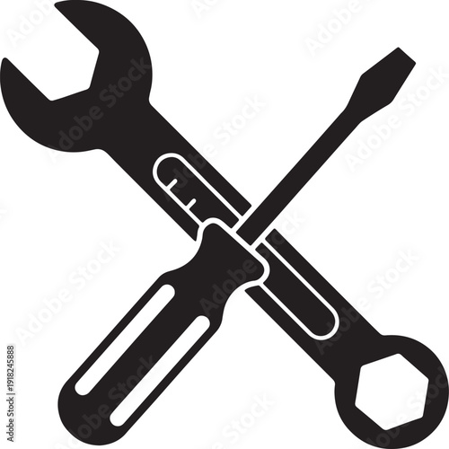 Black silhouette of a crossed wrench and screwdriver on a white background also transparent background 1