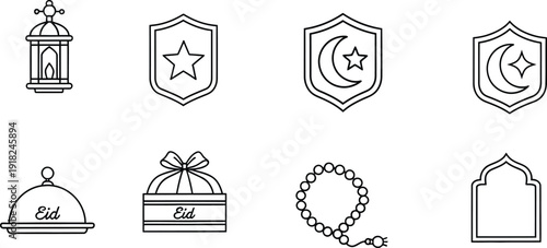 Collection of hand drawn islamic icons including lantern crescent moon and eid food cloche