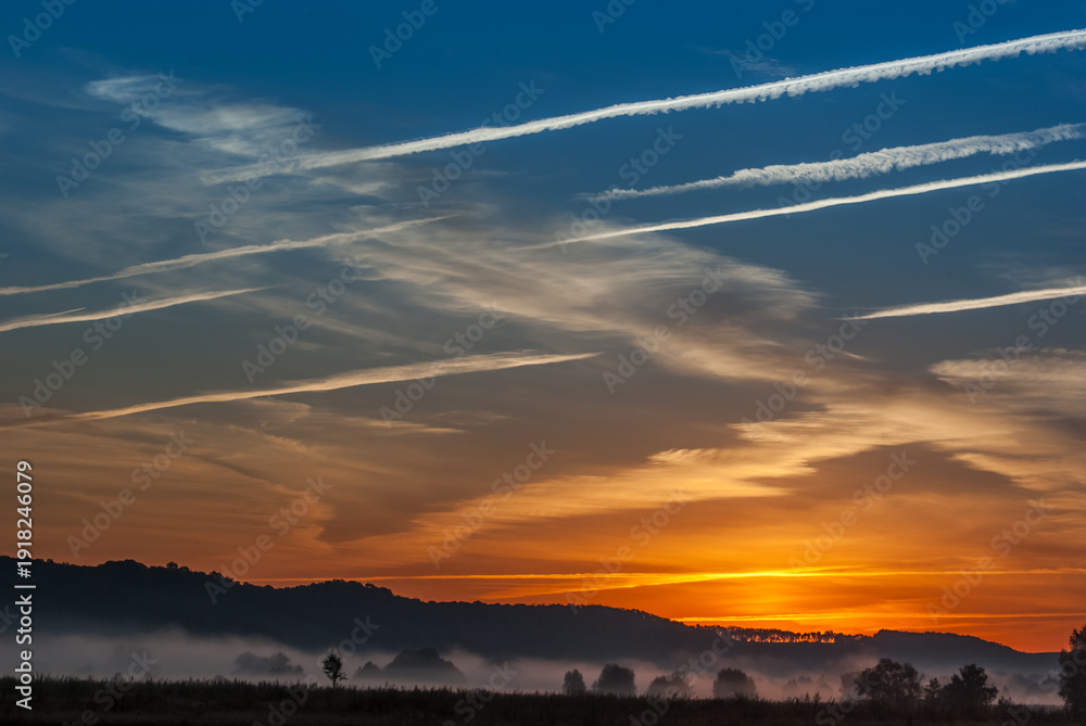 custom made wallpaper toronto digitalColorful Sunset Sky with Airplane Contrails over Misty Hills