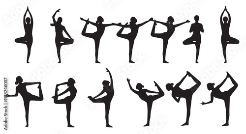 Collection of diverse yoga poses in black silhouette on Transparent Background for meditation and fitness illustrations.