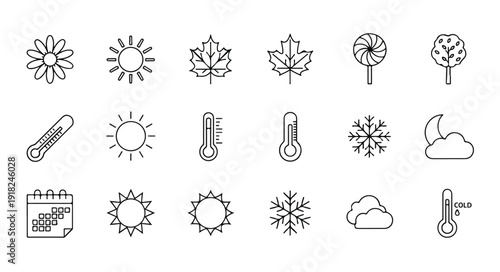 A collection of 16 line icons depicting various weather and temperature symbols on a white background with a simple graphic design style.
