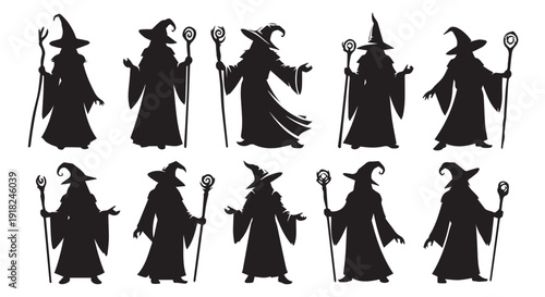 Collection of nine magical wizard silhouettes with wands and hats in various poses on Transparent Background