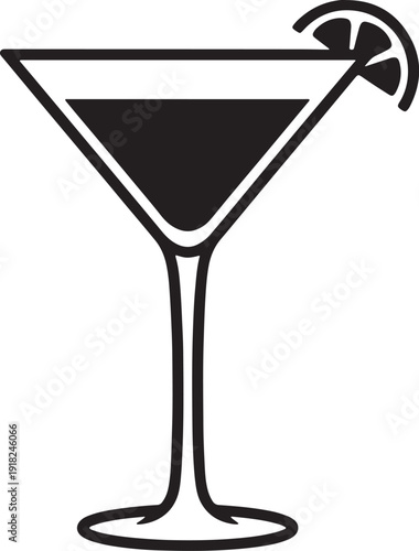 Black silhouette of a martini glass with dark liquid and a lemon slice garnish also transparent background