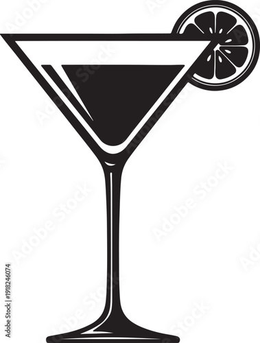 Black silhouette of a martini glass with a lemon slice garnish on a white background also transparent background