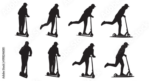 Silhouette of a man riding a scooter in various dynamic poses against a Transparent Background, showcasing movement and action.