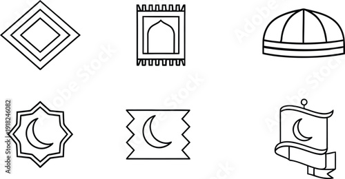 Set of islamic religious icons including prayer mat skullcap and crescent moon symbols