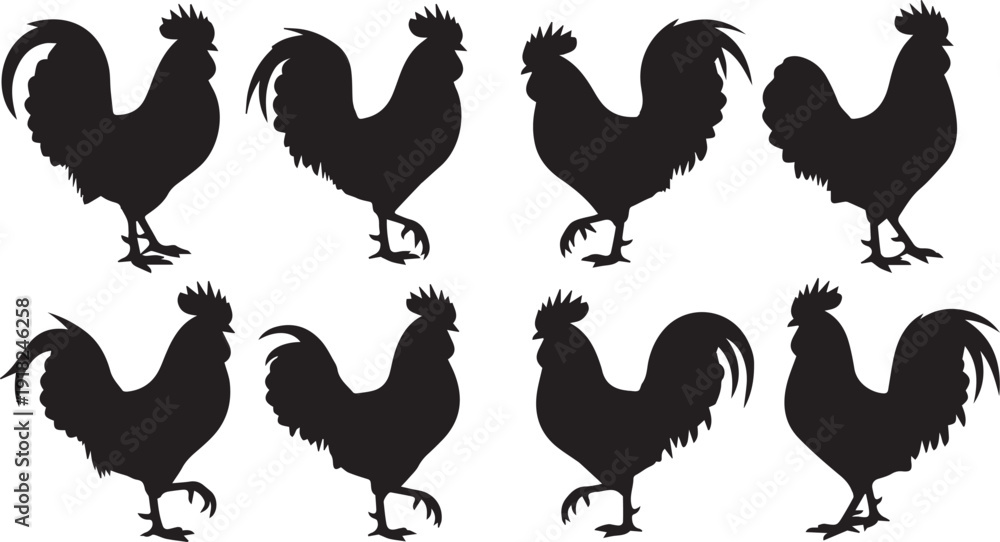 Fototapeta premium Collection of eight black rooster silhouettes in various poses on a Transparent Background, perfect for farm or poultry designs.
