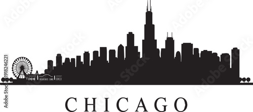 Silhouetted Chicago cityscape illustration with Ferris wheel and skyscrapers against a Transparent Background, showcasing urban landscape.