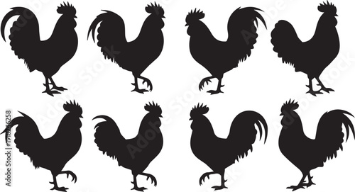 Collection of eight black rooster silhouettes in various poses on a Transparent Background, perfect for farm or poultry designs.