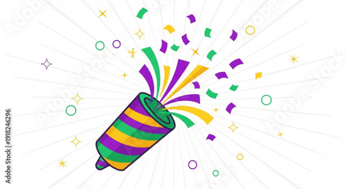 Colorful mardi gras party popper exploding with confetti and stars on white background