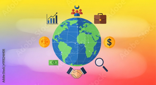 Global business handshake with earth map surrounded by finance icons on colorful background