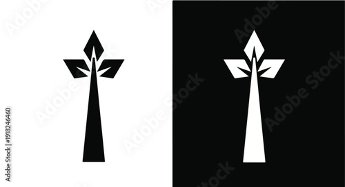 Two stylized fleur-de-lis symbols in black and white on contrasting backgrounds.