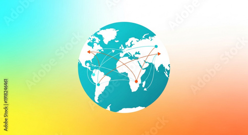 Global connections map with lines and dots on colorful gradient background for travel and transportation concepts