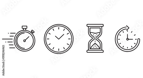 Four icons of time and clocks, including a stopwatch, analog clock, hourglass, and half clock on Transparent Background.