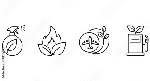 Eco friendly icons set including spray bottle, flame with leaves, airplane in circle with leaves, and gas pump with plant, symbolizing green and sustainable practices.
