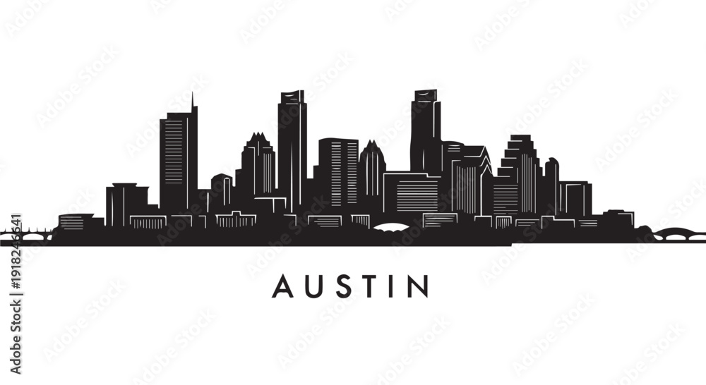 Fototapeta premium Black silhouette of Austin city skyline with modern buildings and towers against a Transparent Background, Texas cityscape.