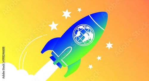 Vibrant rocket ship with globe logo blasting off into starry sky with bright yellow and orange gradient background