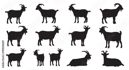 Collection of various black goat silhouettes in different poses on Transparent Background, animals and wildlife concept.