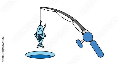 Illustration of a blue fish caught on a fishing rod with a blue handle against a white background.