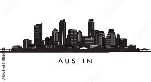 Black silhouette of Austin city skyline with modern buildings and towers against a Transparent Background, Texas cityscape.