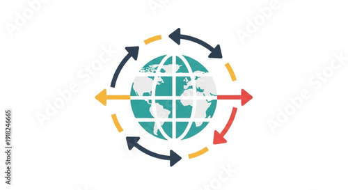 Earth globe with colorful arrows indicating global cycles and recycling concepts on white background