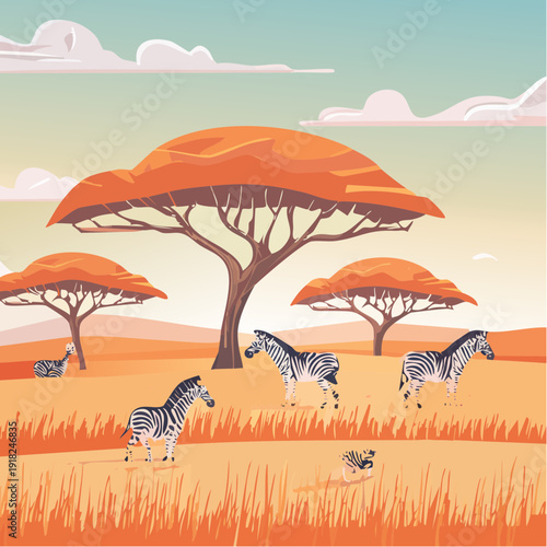 African savanna landscape with zebras and acacia trees at sunset