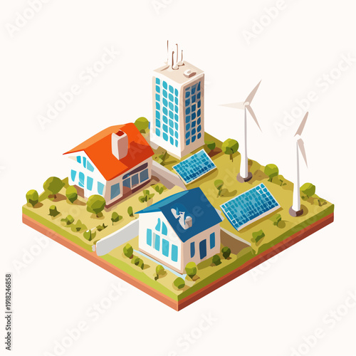 Isometric Green Energy Community Sustainable Living with Solar Panels and Wind Turbines