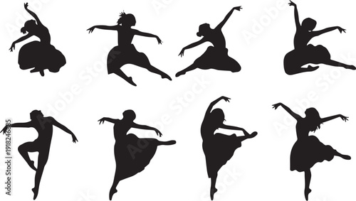 Silhouettes of ballerinas in various dance poses, elegant and dynamic movements against a Transparent Background, showcasing grace and beauty.