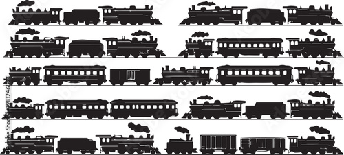 Collection of various vintage and modern train silhouettes in black on Transparent Background for design and transportation concepts.