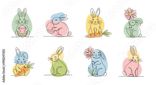 Colorful Easter Bunnies in Various Poses.