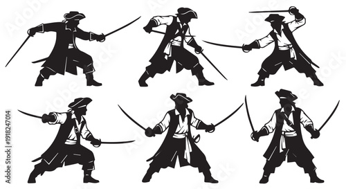 Six black silhouettes of swashbuckling pirates in various sword fighting poses on Transparent Background.