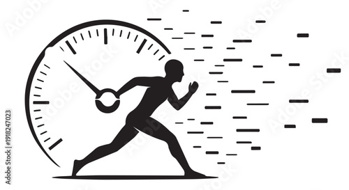 A silhouette of a person running quickly past a clock, conveying urgency and speed in a dynamic motion.