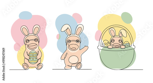 Cute Cartoon Rabbits in Easter Basket.