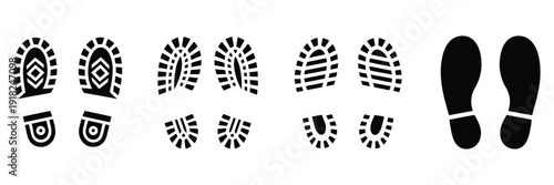 Footprint and shoe print icons set, vector illustration on white background, including human, shoe, boot, and sole print silhouettes, perfect for tracking