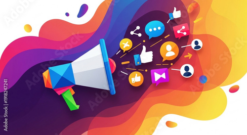 Vibrant megaphone with social media icons and colorful abstract background for marketing and communication concepts