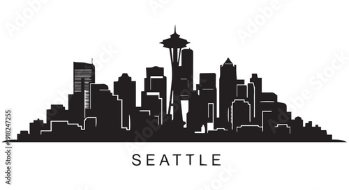 Black silhouette of Seattle city skyline with Space Needle, Washington, USA cityscape