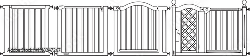 Detailed technical drawing of various gate designs and measurements for construction purposes on a Transparent Background.