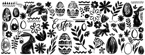 Easter cute chalk bunny set, flowers, eggs, decor elements doodle hand drawn icon. Black outline drawing Easter drawn with charcoal, crayons symbol. Vector, expressive abstract bold smears.