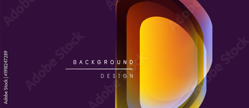 Abstract design features vibrant color gradients, dynamic shapes. Purple background contrasts with yellow, orange hues. Modern aesthetic.