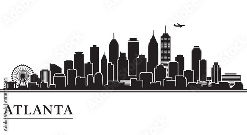 Black silhouette of Atlanta city skyline with iconic buildings, ferris wheel, and airplane flying overhead at dusk.