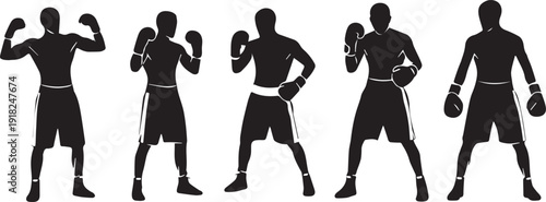 Five black silhouette illustrations of male boxers in various fighting stances and poses with boxing gloves on Transparent Background.