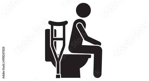 A person sitting on a toilet with a crutch beside them, indicating a bathroom accident or injury.
