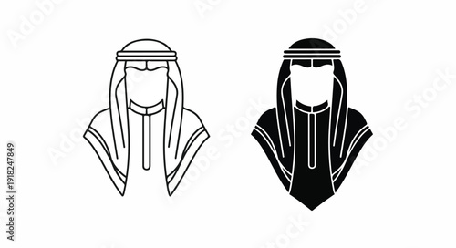 Line art illustrations of two Middle Eastern men's head and upper body wearing traditional headscarves on a white background.