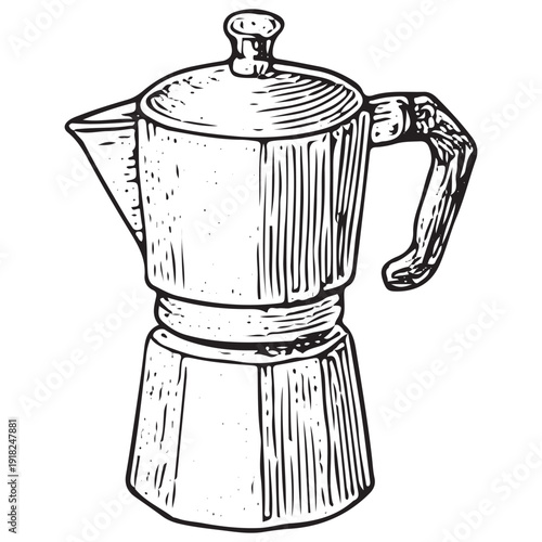 Moka pot sketch, stovetop espresso maker illustration, coffee brewer vector