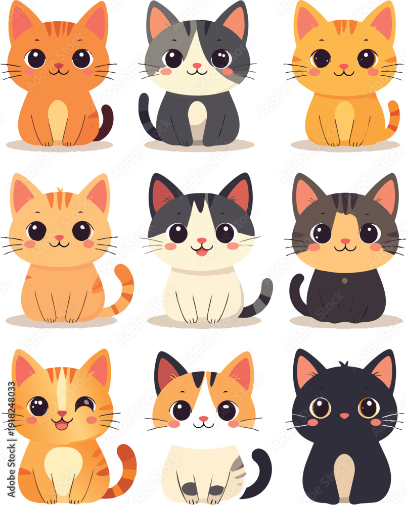 Fototapeta premium Set of Nine Cute Cartoon Kitten Characters