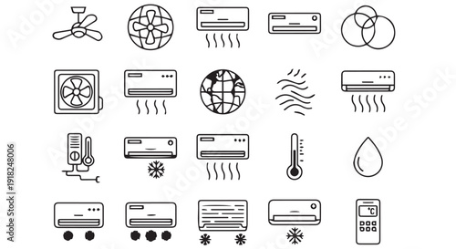 Detailed black and white illustration of various air conditioning units and related climate control icons on a Transparent Background.