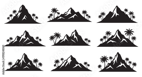 Set of nine black silhouette mountain and palm tree graphics on a Transparent Background, ideal for tropical travel themes.