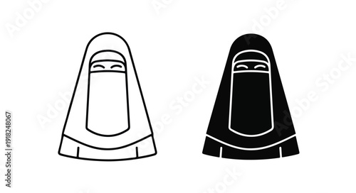 A graphic illustration of two niqab-clad figures in black and white against a clean white background.